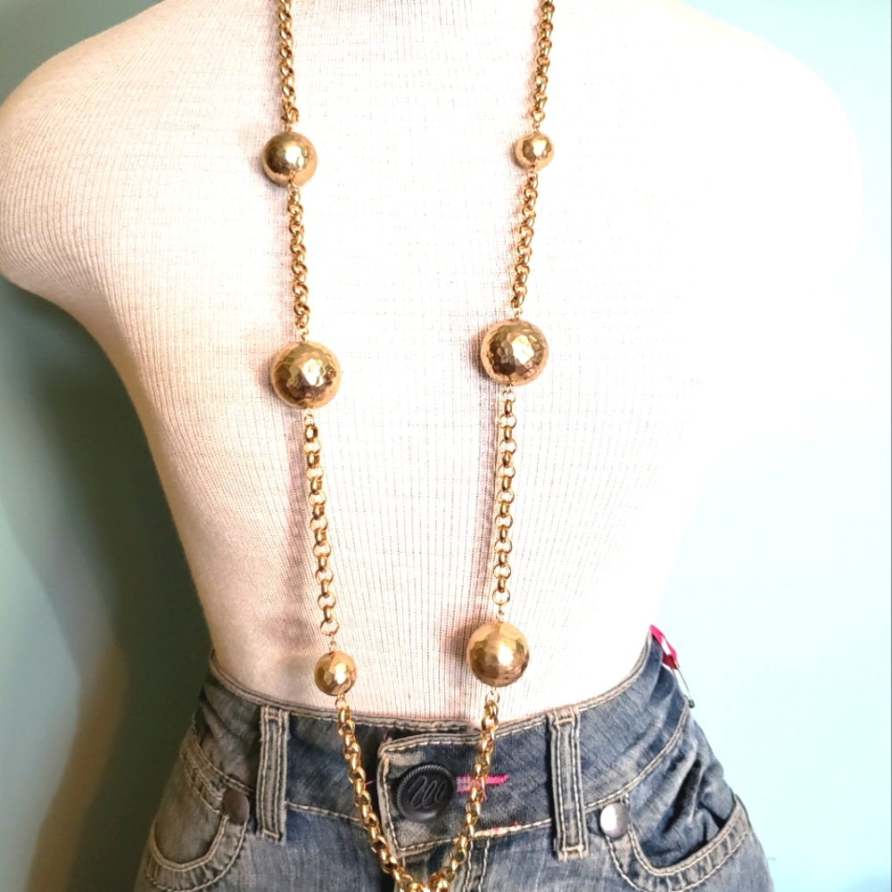 Chico's Necklace Hammered Gold Tone 41" Long